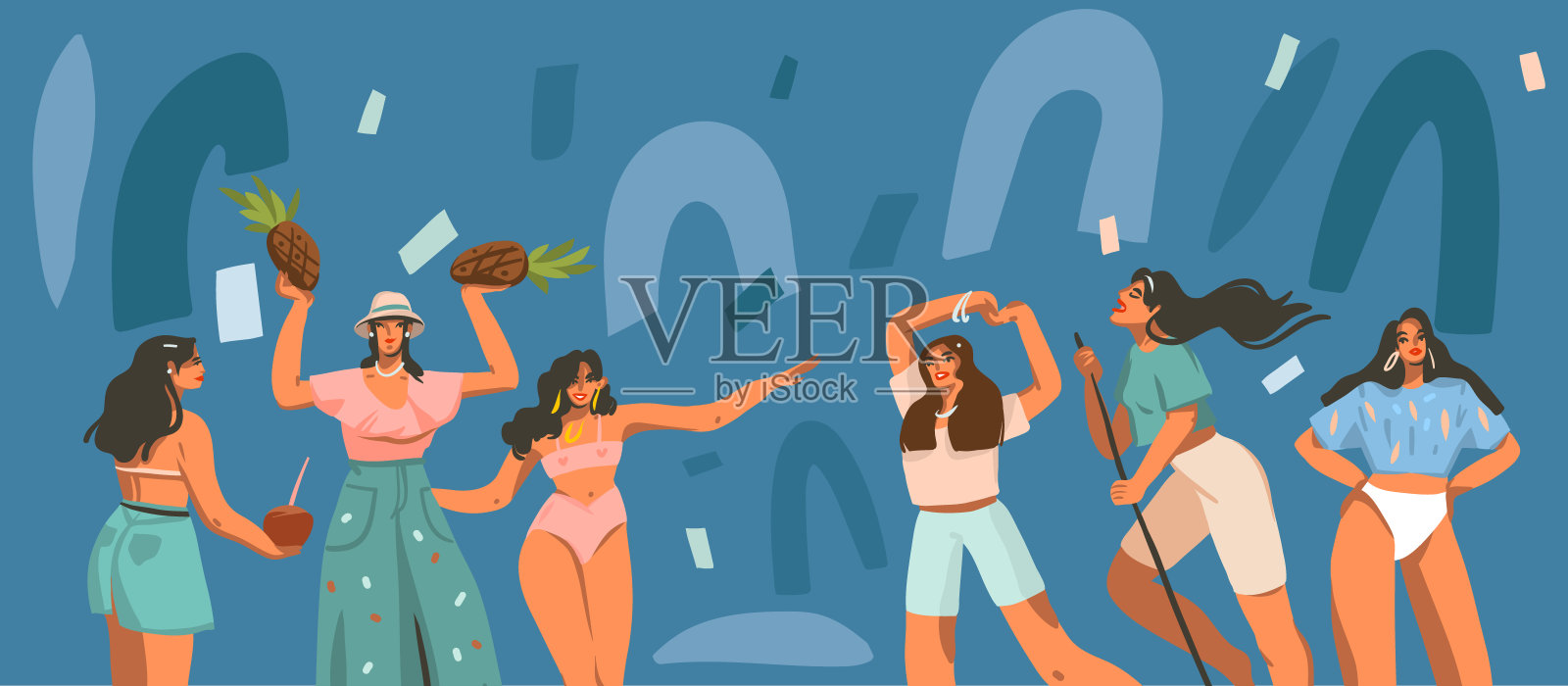 手绘矢量抽象股票图形插图与年轻的微笑女性在家里跳舞派对和拼贴形状孤立的颜色背景插画图片素材