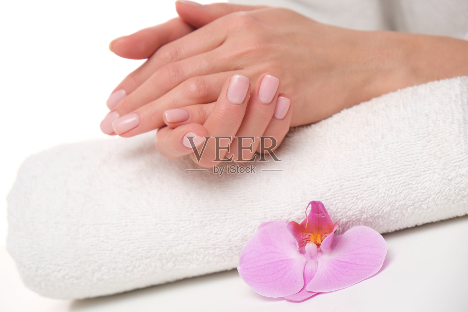 美丽精致的美甲在女性手上。手躺在带紫色兰花的白毛巾上的图片。照片摄影图片