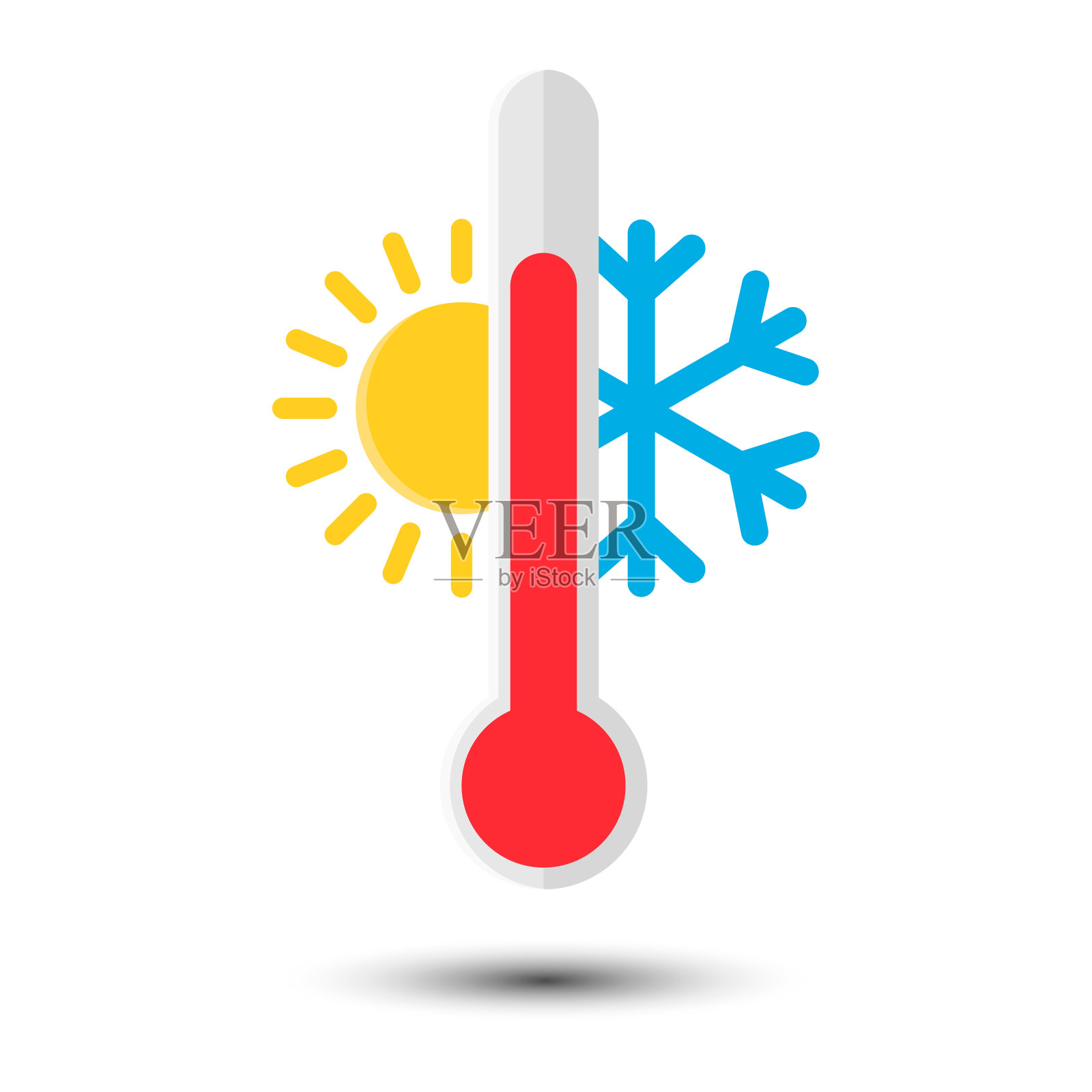 两个温度计与刻度测量高和低温图标隔离在白色背景。矢量插图。设计元素图片