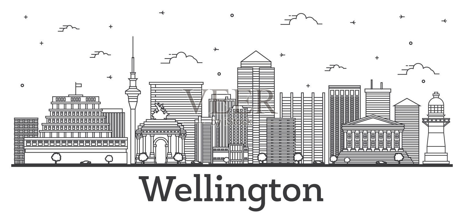 威灵顿新西兰城市轮廓线与现代和历史建筑隔离在白色。设计元素图片