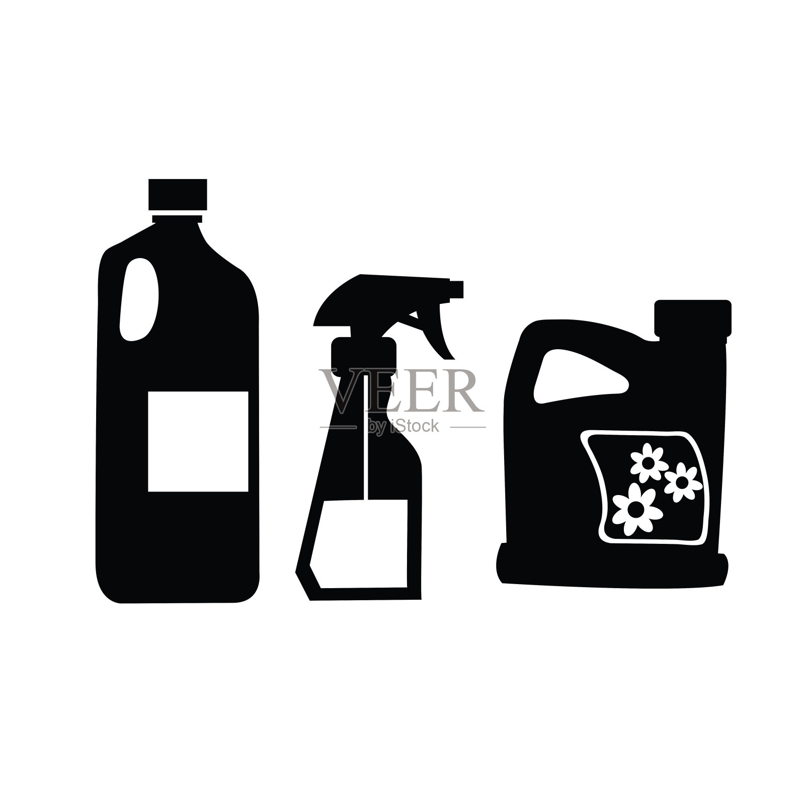 清洁矢量图标。一套洗涤剂瓶子或容器，清洁用品。插画图片素材
