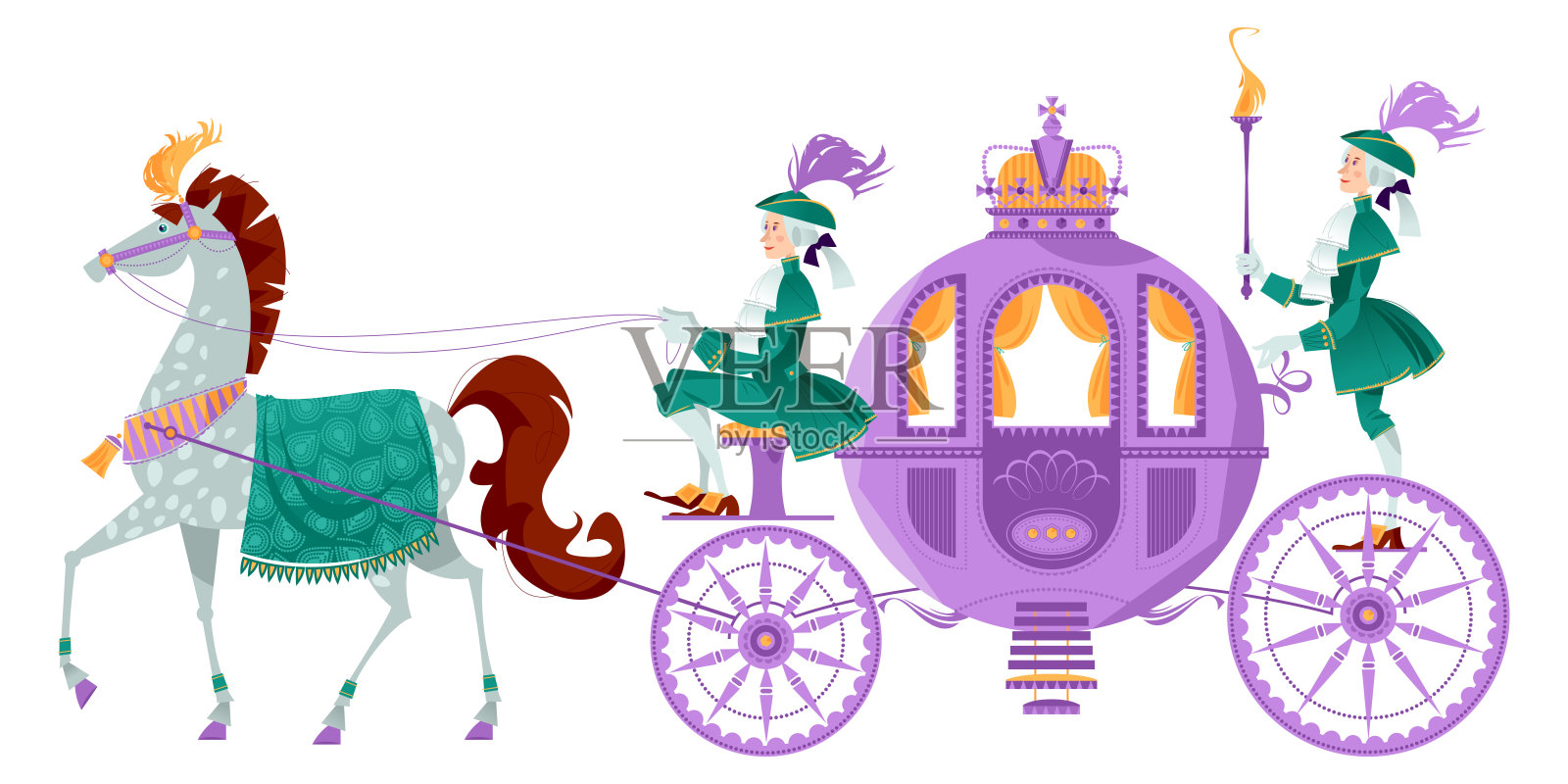 公主幻想马车与马车夫和一匹马。插画图片素材