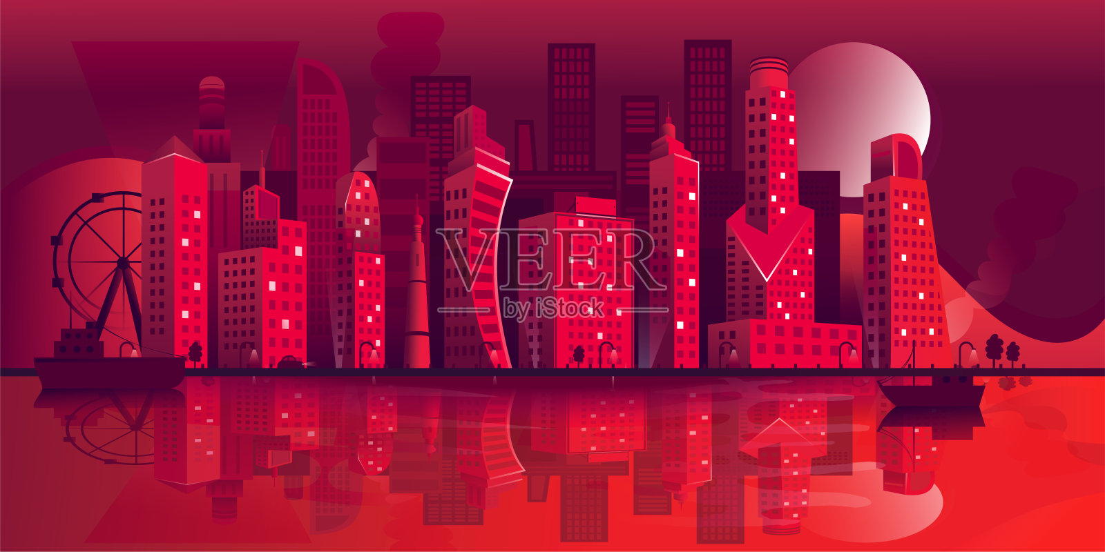 矢量红夜全景城市景观股票插图插画图片素材