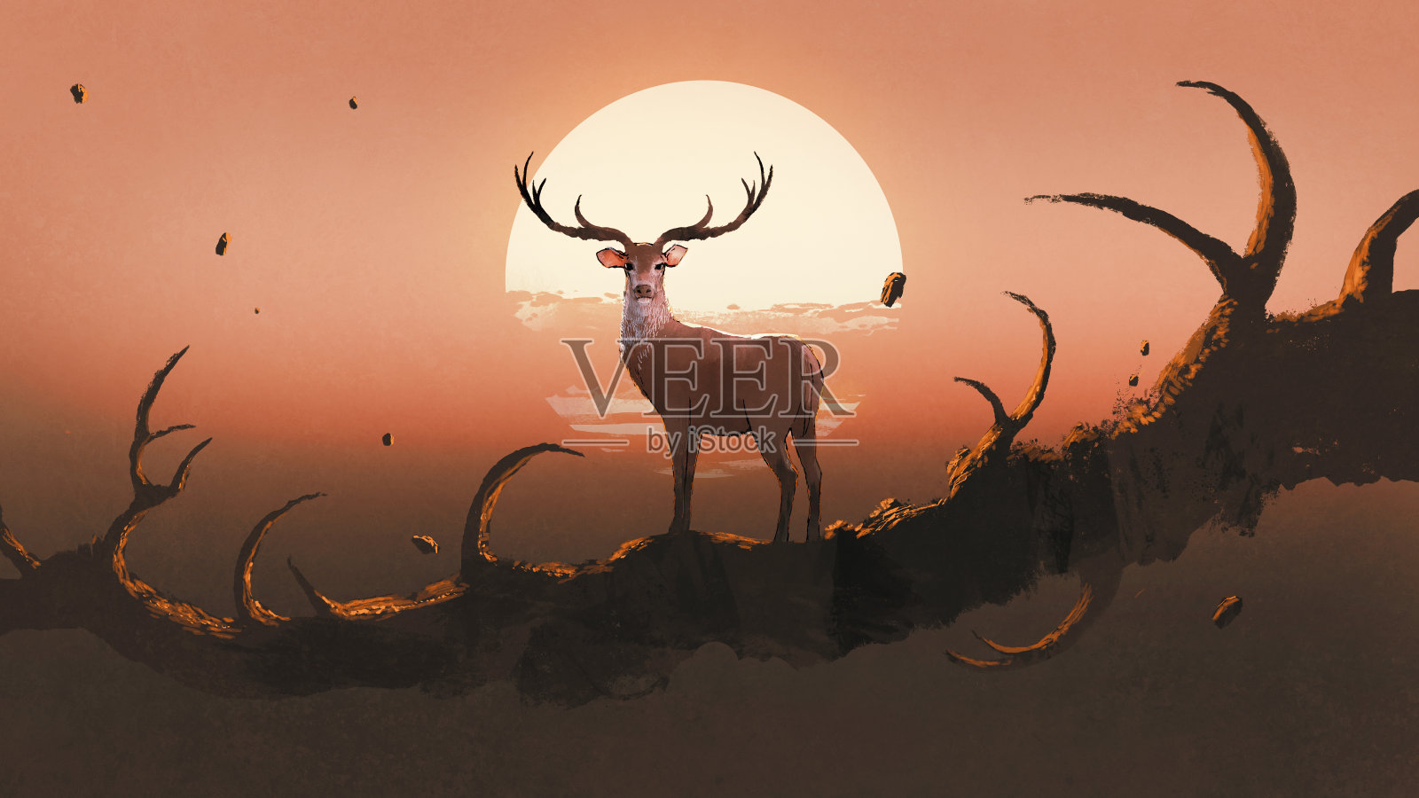 日落时树上的鹿插画图片素材