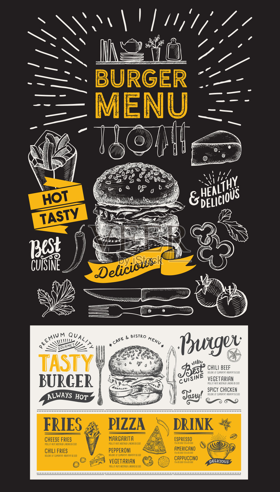 汉堡餐厅菜单。酒吧和咖啡馆的矢量食物传单。设计模板在黑板上与复古手绘插图。插画图片素材