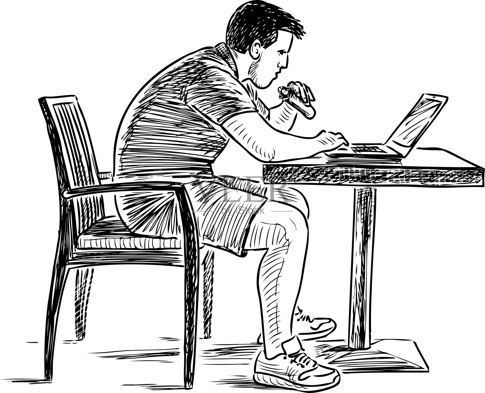 一个年轻人在笔记本电脑上工作的素描设计元素图片