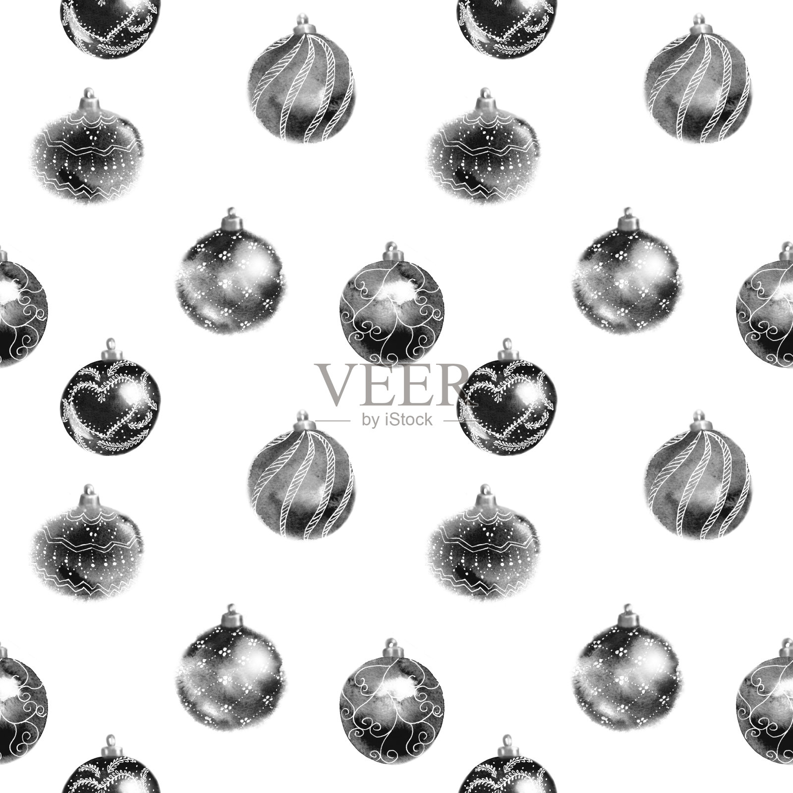 无缝的黑色和白色图案从闪亮的圣诞树球与装饰品。插画图片素材