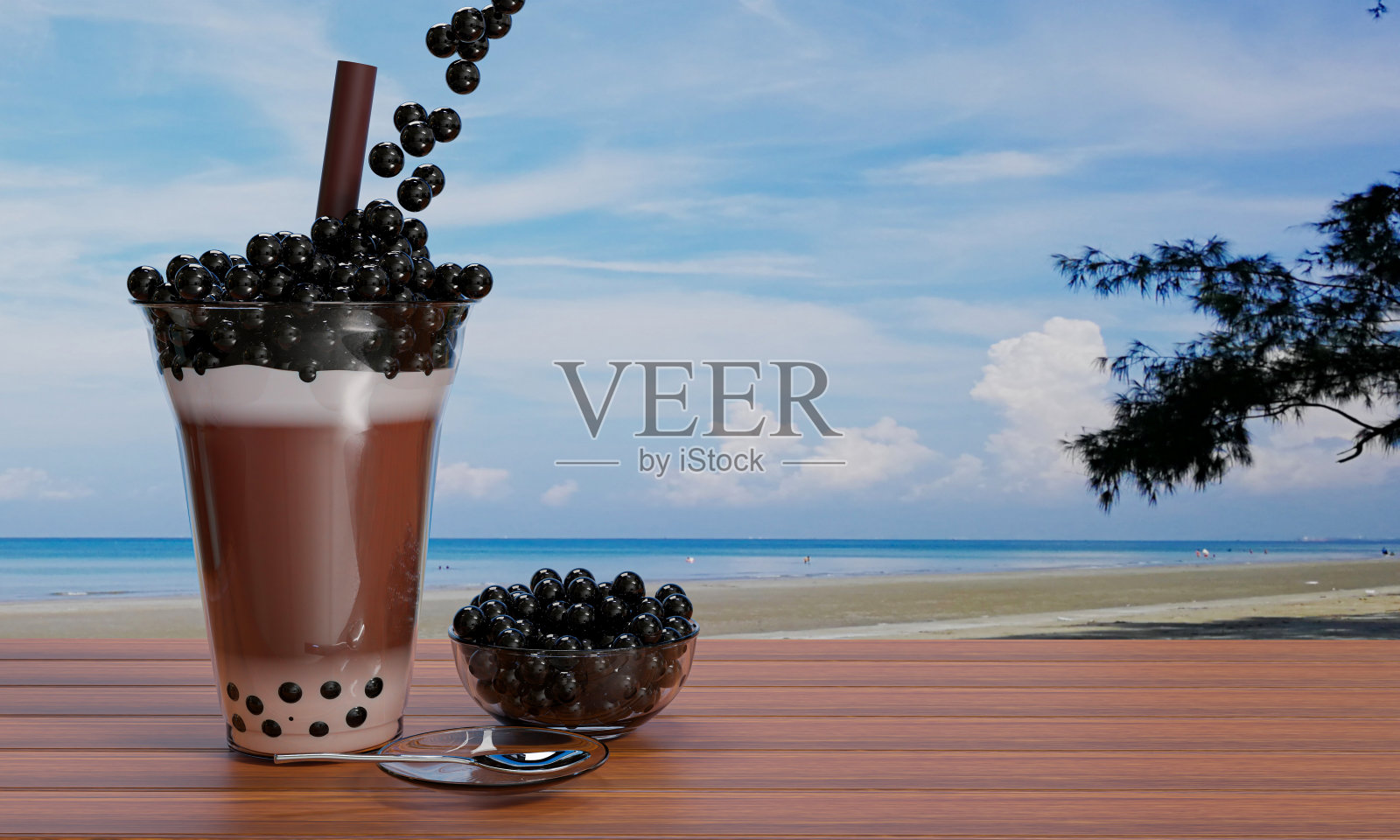 可可珍珠奶茶，将黑色珍珠或气泡果冻放在透明的玻璃杯中，用棕色的吸管放在木桌上，就可以模糊大海和海滩的景色。3 d渲染。照片摄影图片
