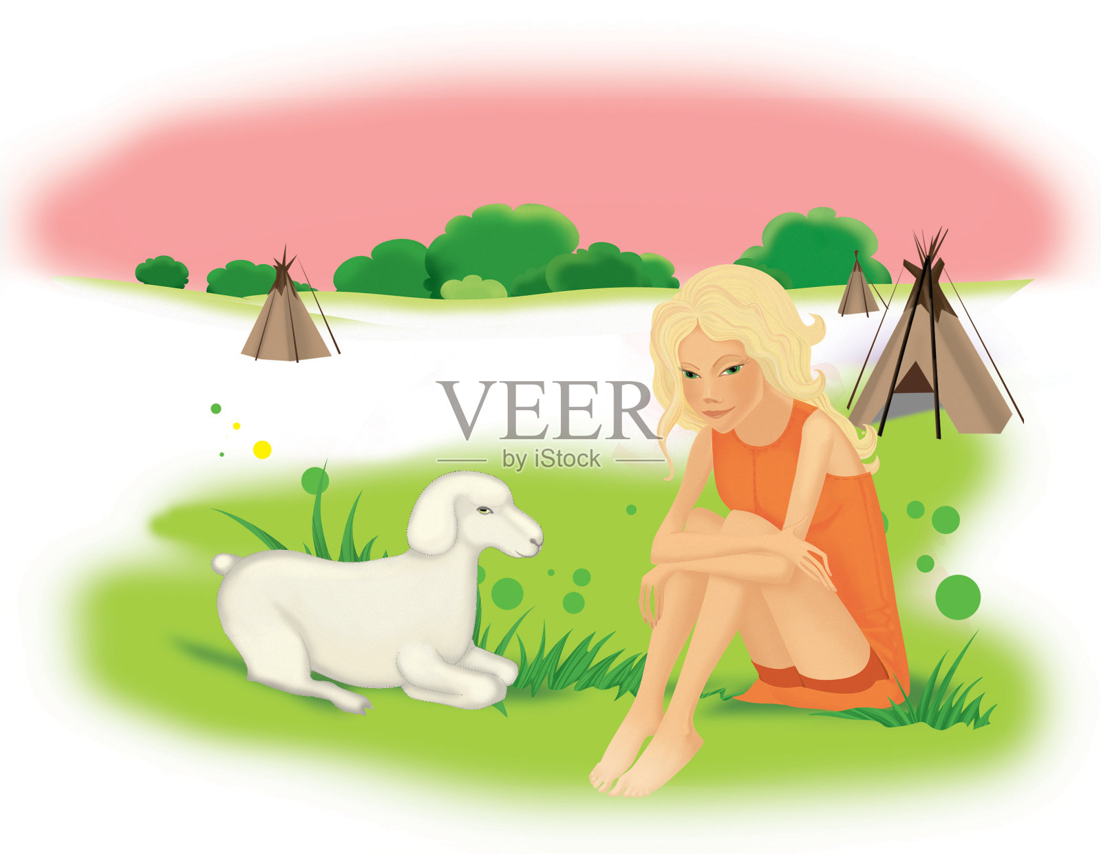 牧羊女坐在田野里的一间小屋旁。插画图片素材