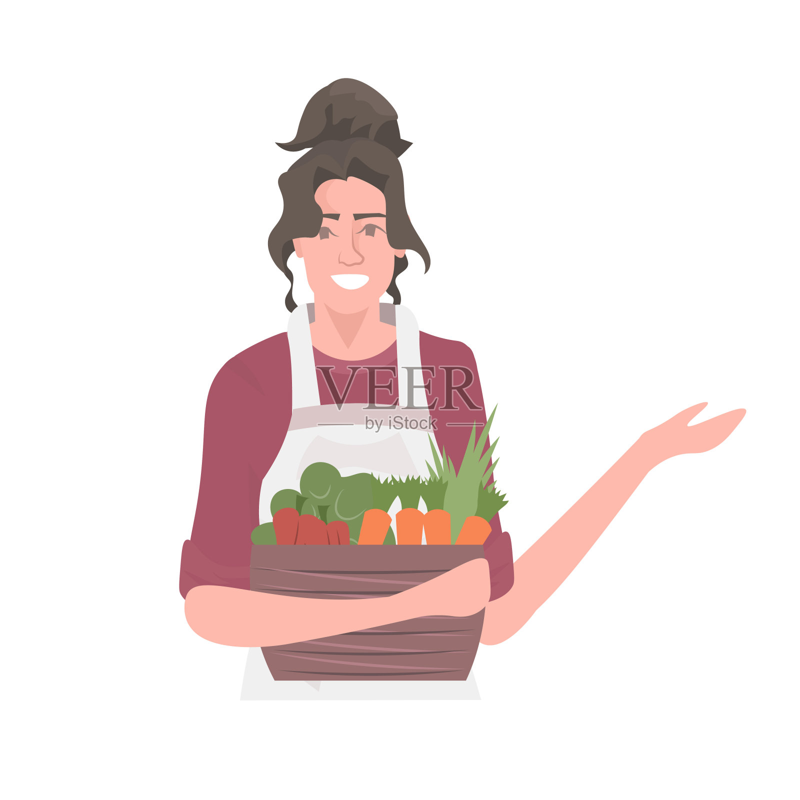 美丽女子园丁抱篮与新鲜蔬菜健康营养生态素食的食品理念插画图片素材