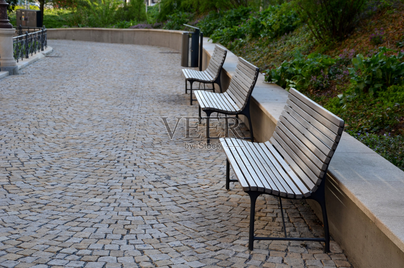 红李木凳靠近公园小径的边缘，步行街步行街挡土墙，低矮的金属框架长椅，造型优雅，弯曲舒适，吸引放松的灌木和植物绿色开花照片摄影图片