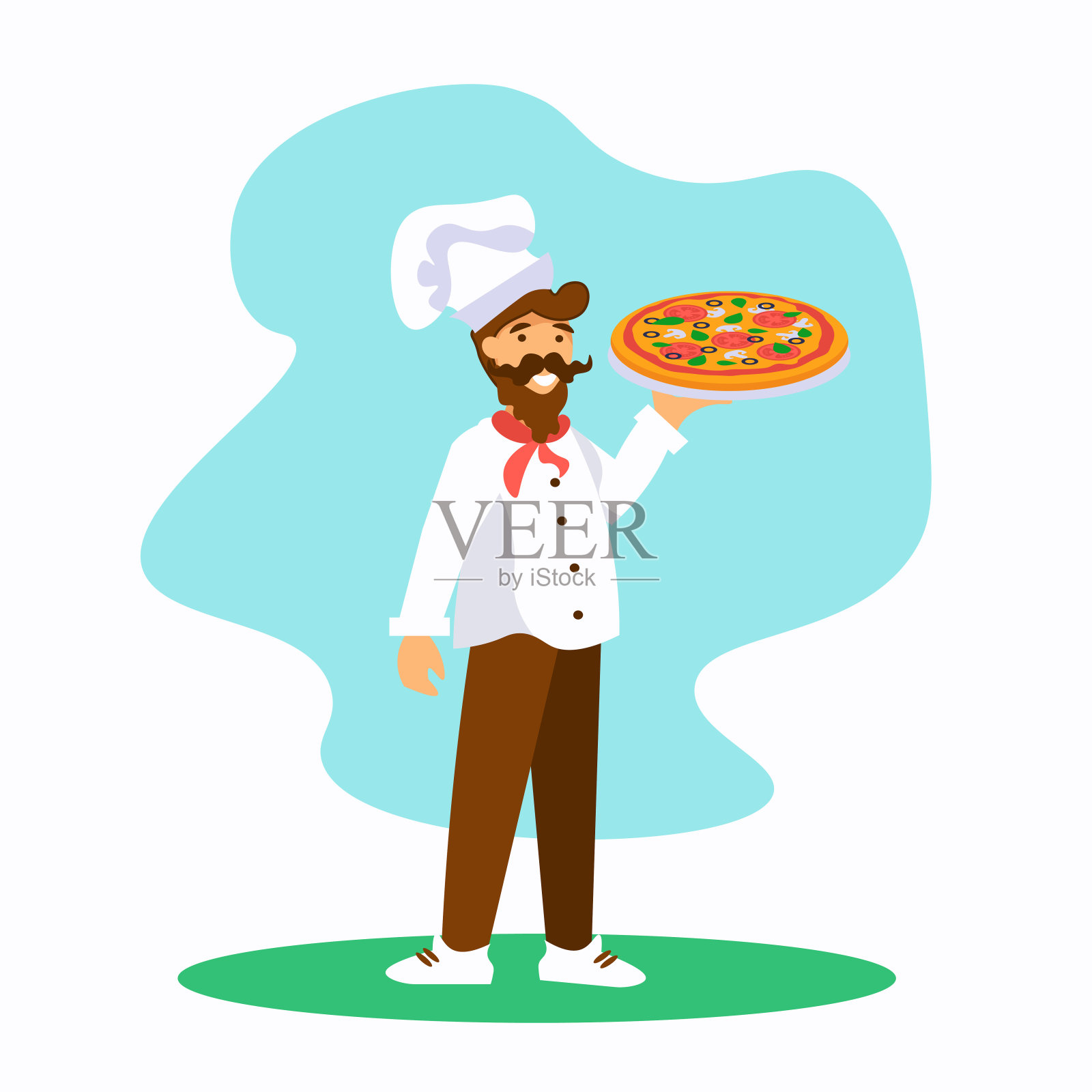 厨师厨师拿着美味的披萨。传统的意大利美食。矢量插图与卡通人物设计元素图片