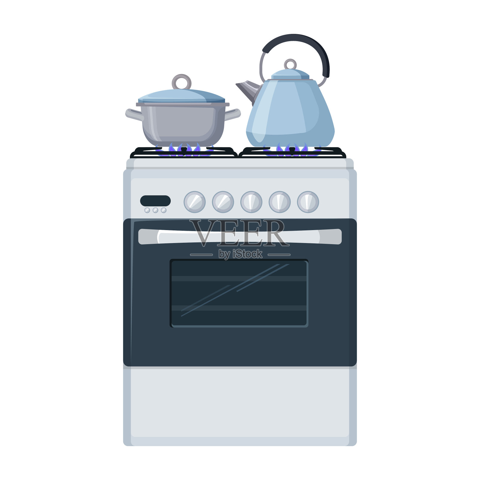 煤气炉与平底锅和小锅的家庭厨房食物设计元素图片
