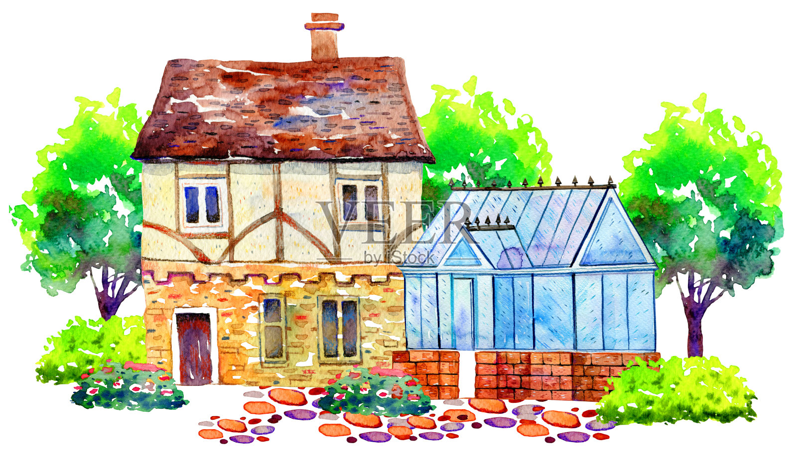 由古老的乡村房屋、花园和温室组成。手绘水彩素描插图插画图片素材