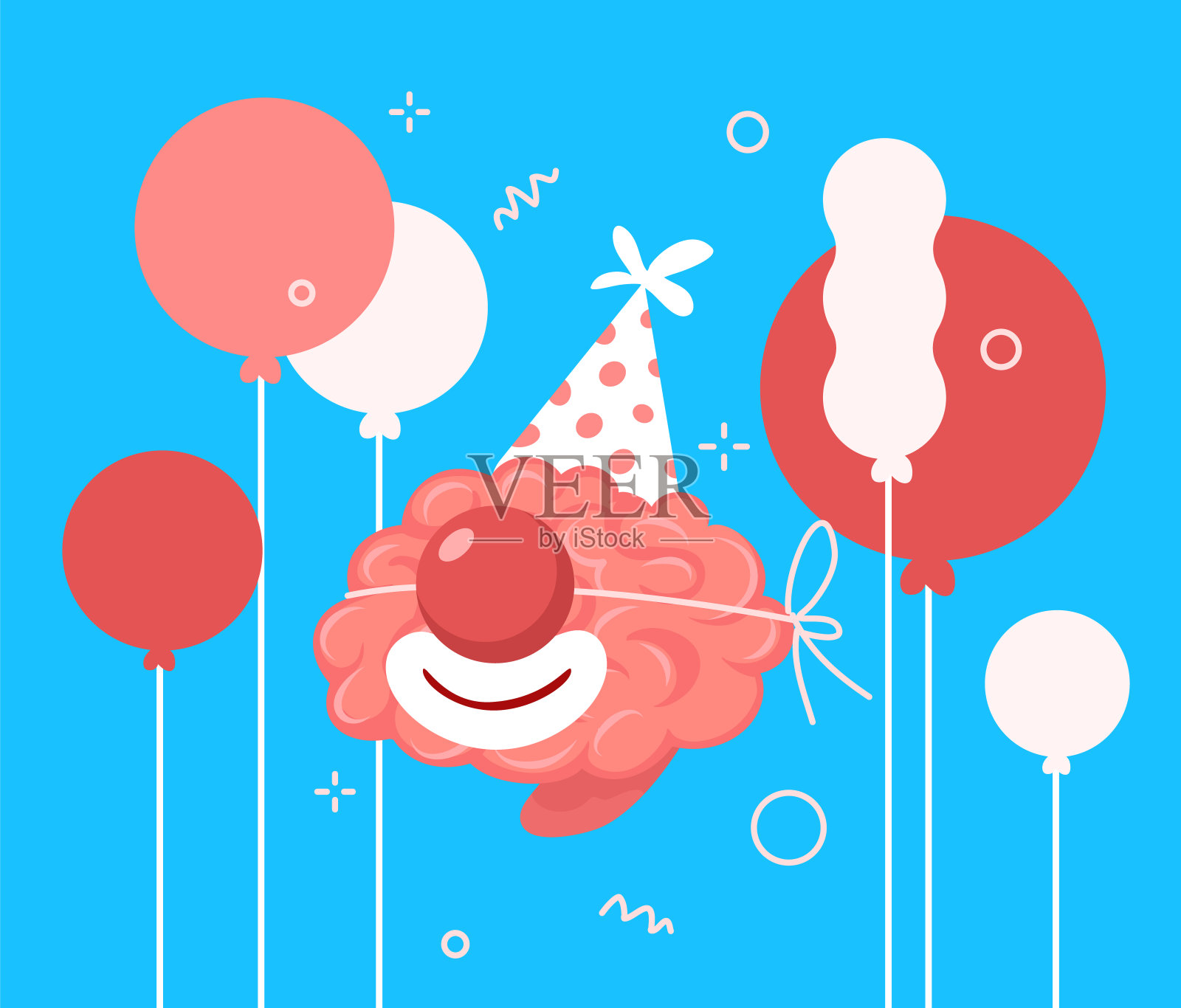 矢量假日插图粉红聪明的人类大脑与生日帽和红色小丑鼻子在蓝色背景与气球。插画图片素材