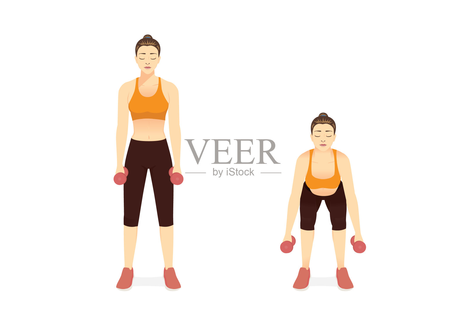 女性做哑铃硬举练习2步，目标是降低身体阻力训练。简单的健身和健美挑战。插画图片素材