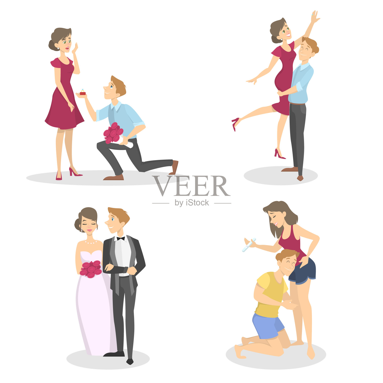 家庭生活的各个阶段。求婚、订婚、结婚和怀孕。浪漫的关系。插画图片素材