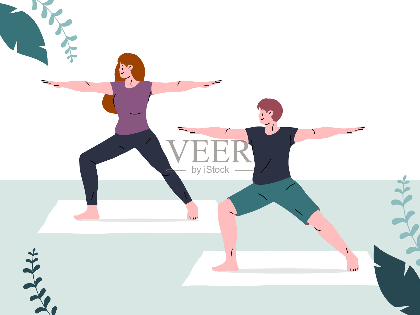 人们在家里锻炼。瑜伽和健身，健康的生活方式。插画图片素材