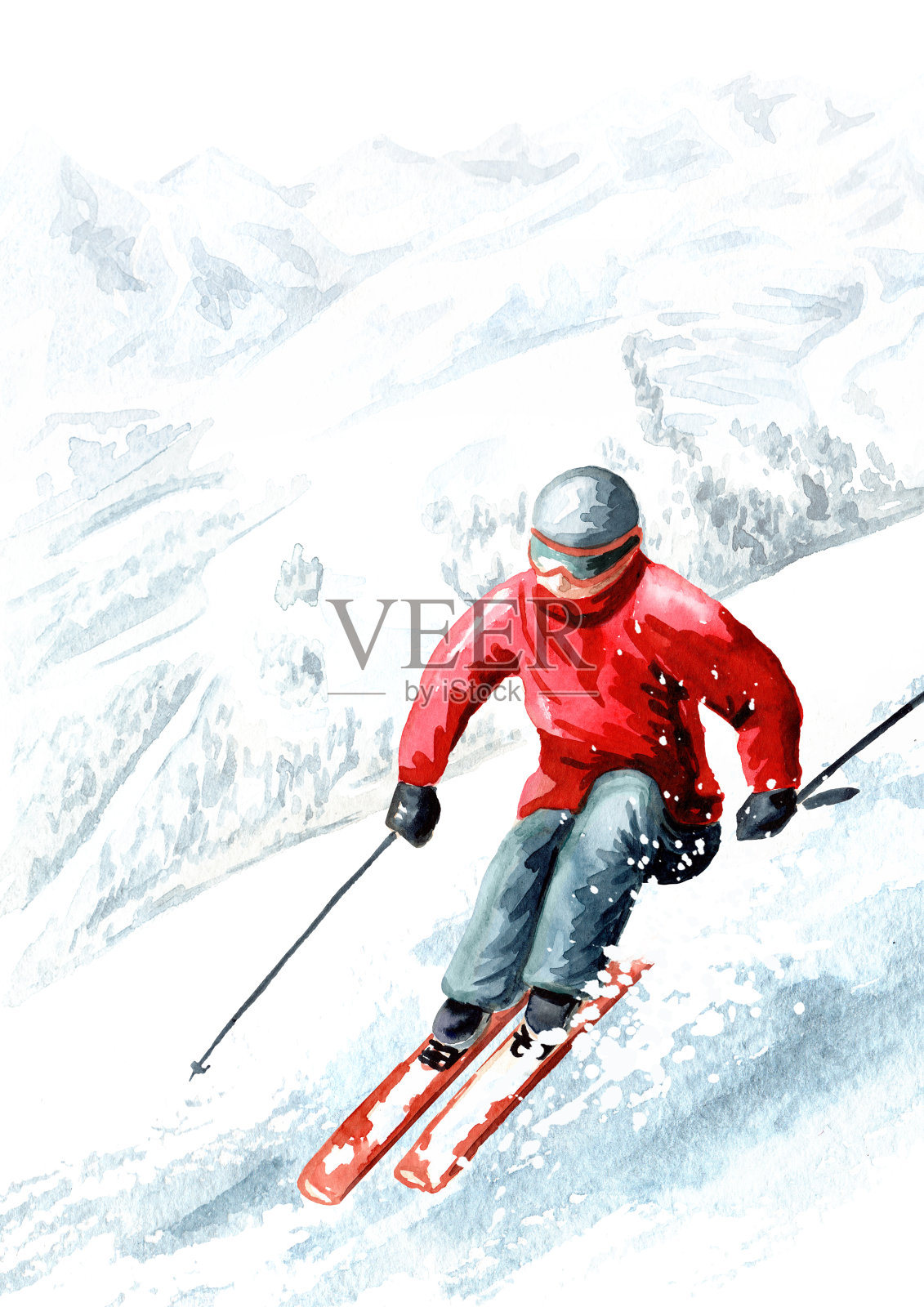 滑雪者在滑雪胜地，冬季休闲度假的概念。手绘水彩插图和背景插画图片素材