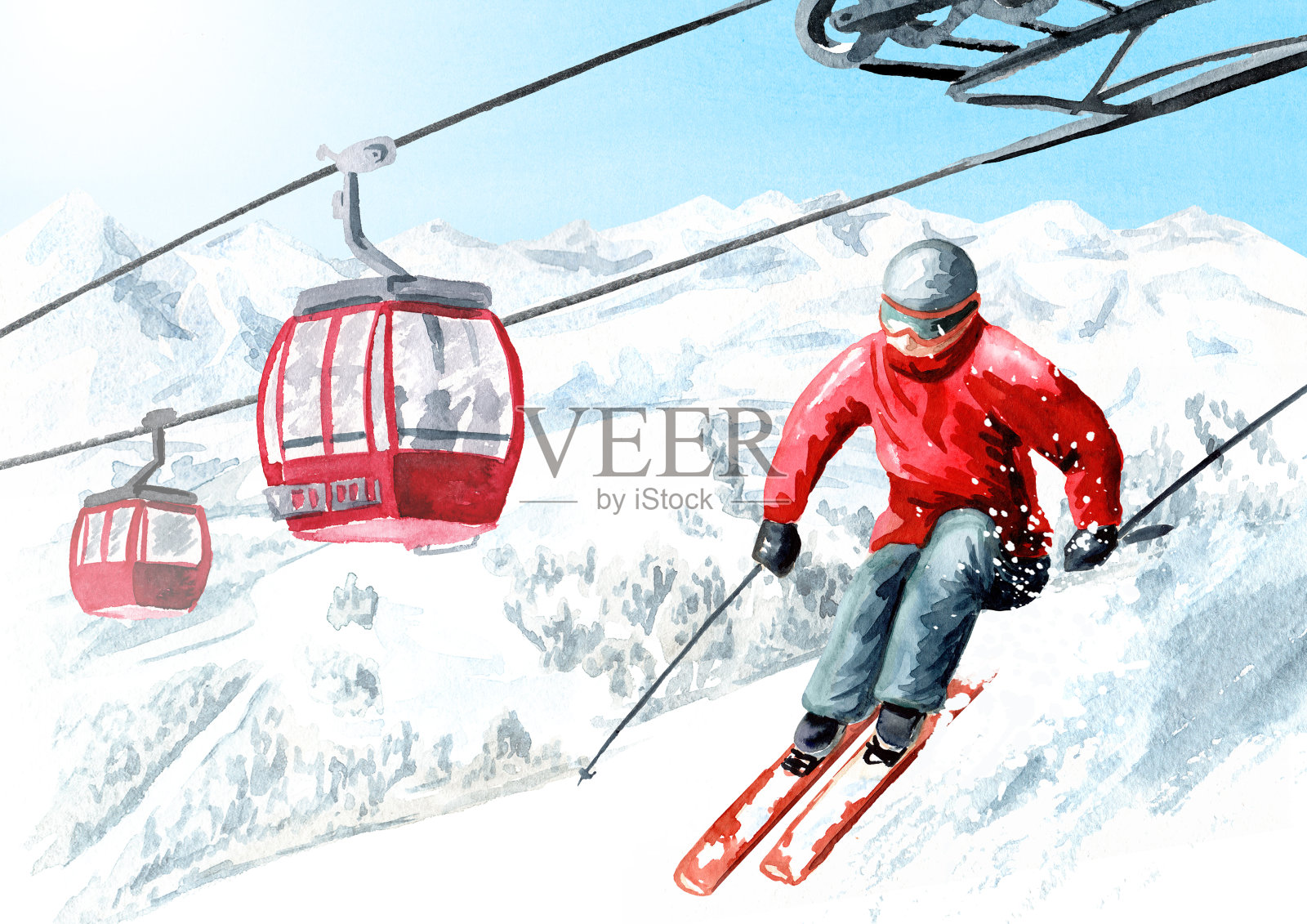 滑雪者对抗索道在滑雪胜地，冬季休闲度假的概念。手绘水彩插图插画图片素材