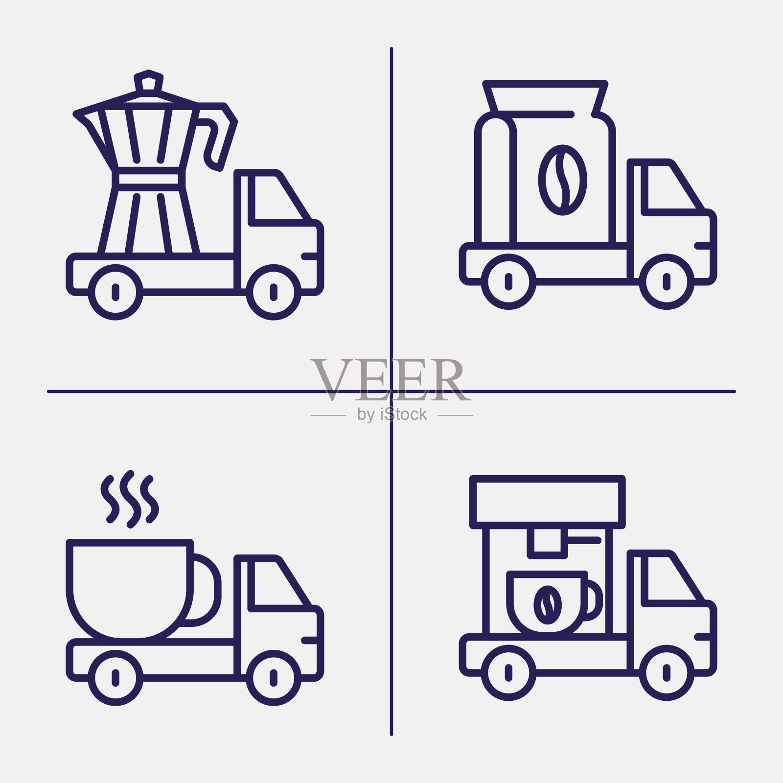 街头咖啡馆的四个标志包括咖啡车，细线图标的咖啡机，咖啡机，袋子和豆子。咖啡交付,外卖。矢量插图。图标素材