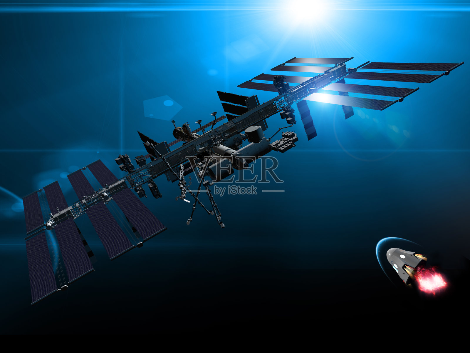 “龙”号宇宙飞船正在接近国际空间站对接。太空探索。近地轨道和地球视图照片摄影图片