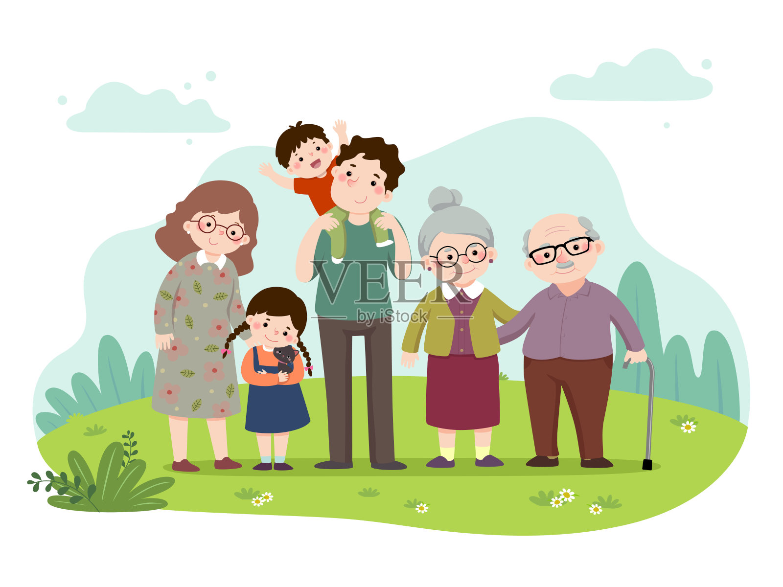 一个快乐的家庭在公园的矢量插图卡通。妈妈，爸爸，爷爷奶奶，还有孩子和一只猫。向量的人。设计元素图片