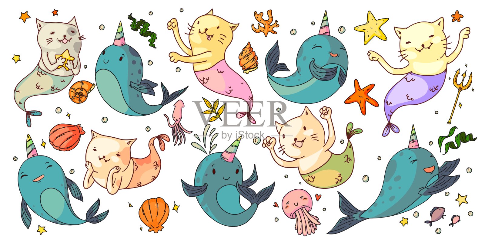 美人鱼猫和独角兽角鲸设计元素图片
