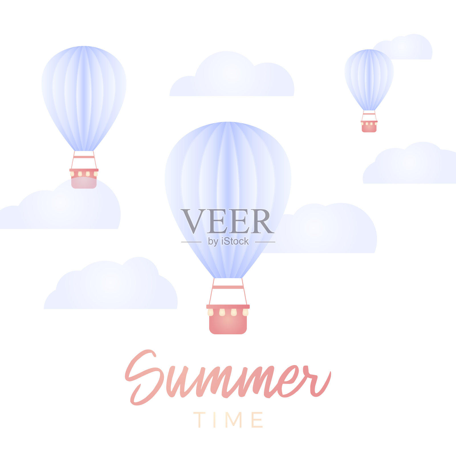 夏天时间卡。热气球和蓝天中的云与纸艺术设计矢量设计元素和插图设计元素图片