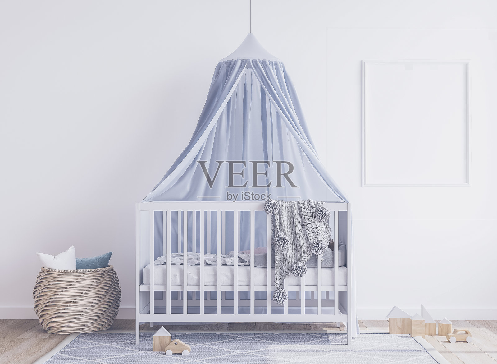 时尚的白色婴儿床与蓝色透明窗帘在现代新生儿卧室照片摄影图片
