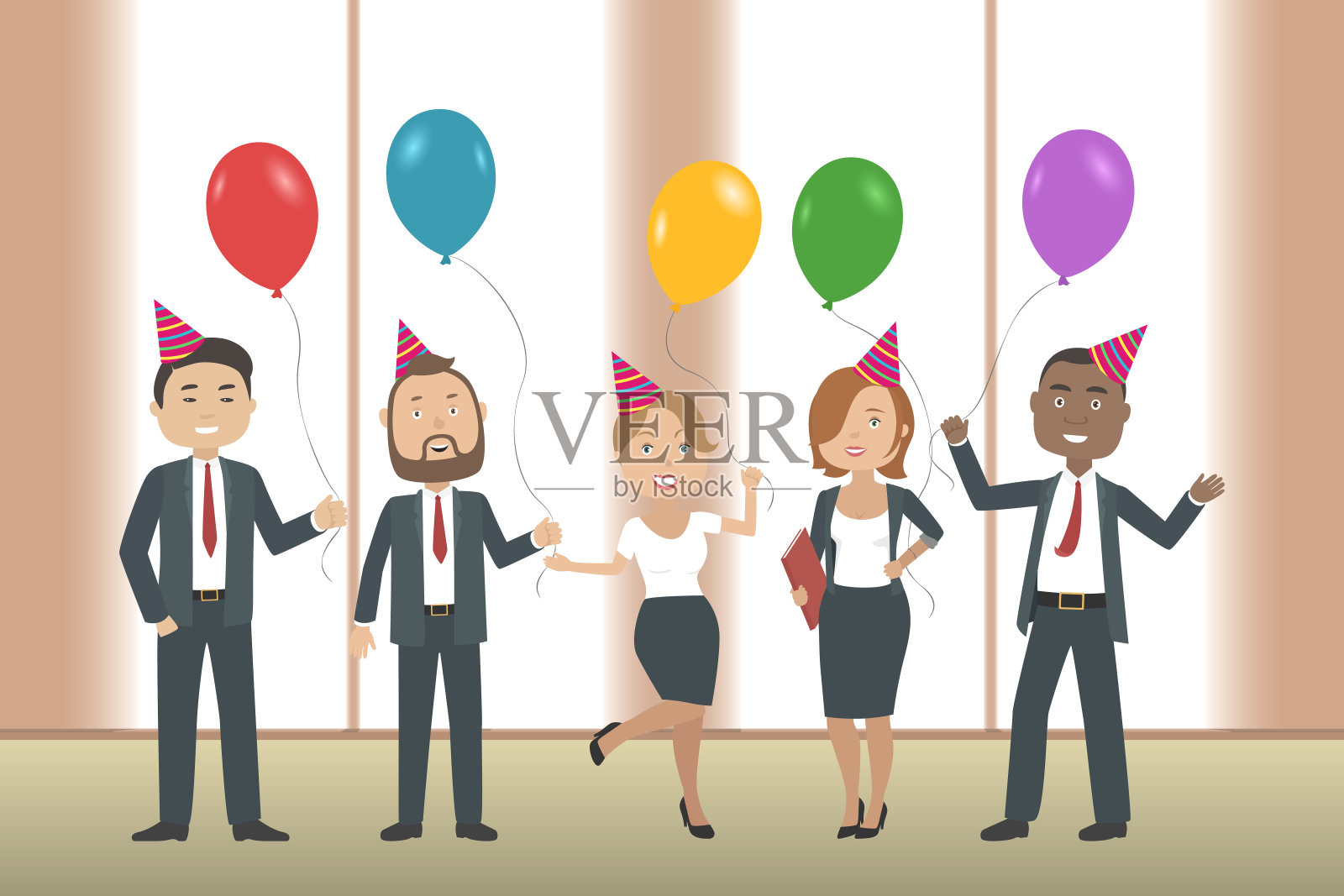 办公室生日派对。经理们拿着氦气球。矢量图插画图片素材