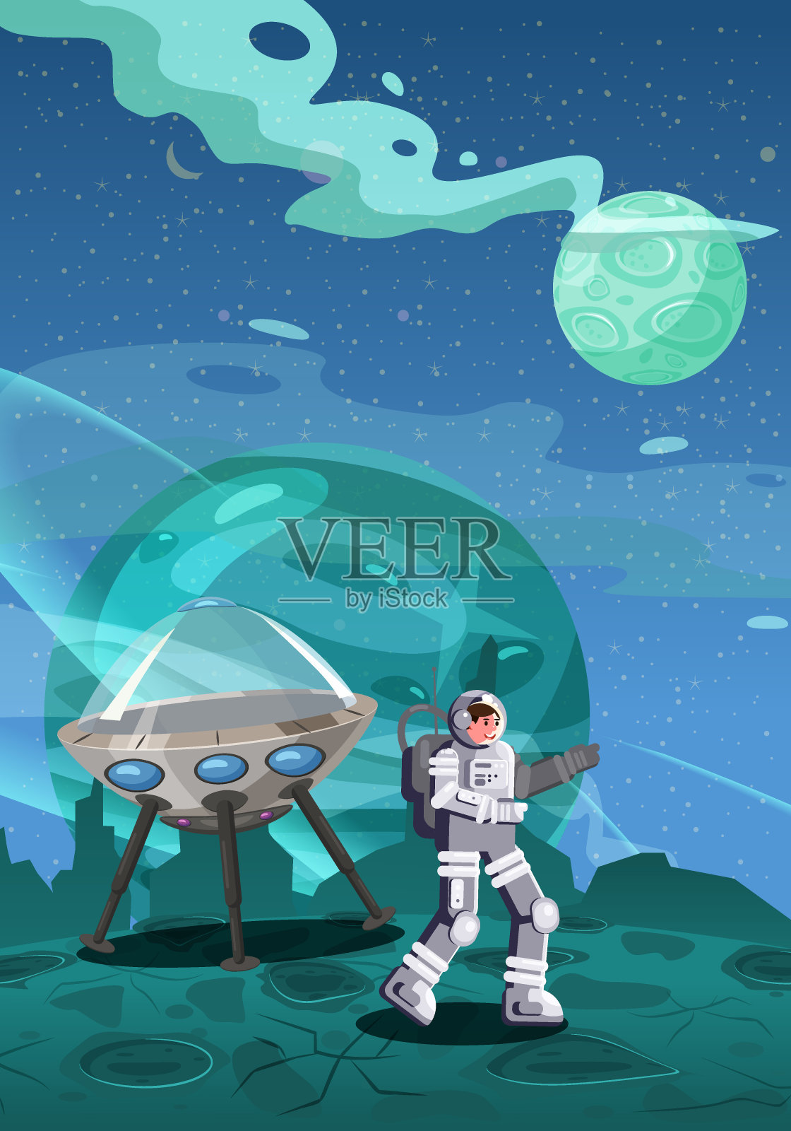 宇航员探索外星飞船。宇航员科学旅行者角色在一个岩石表面在遥远的星系。卡通平面风格矢量插图横幅插画图片素材