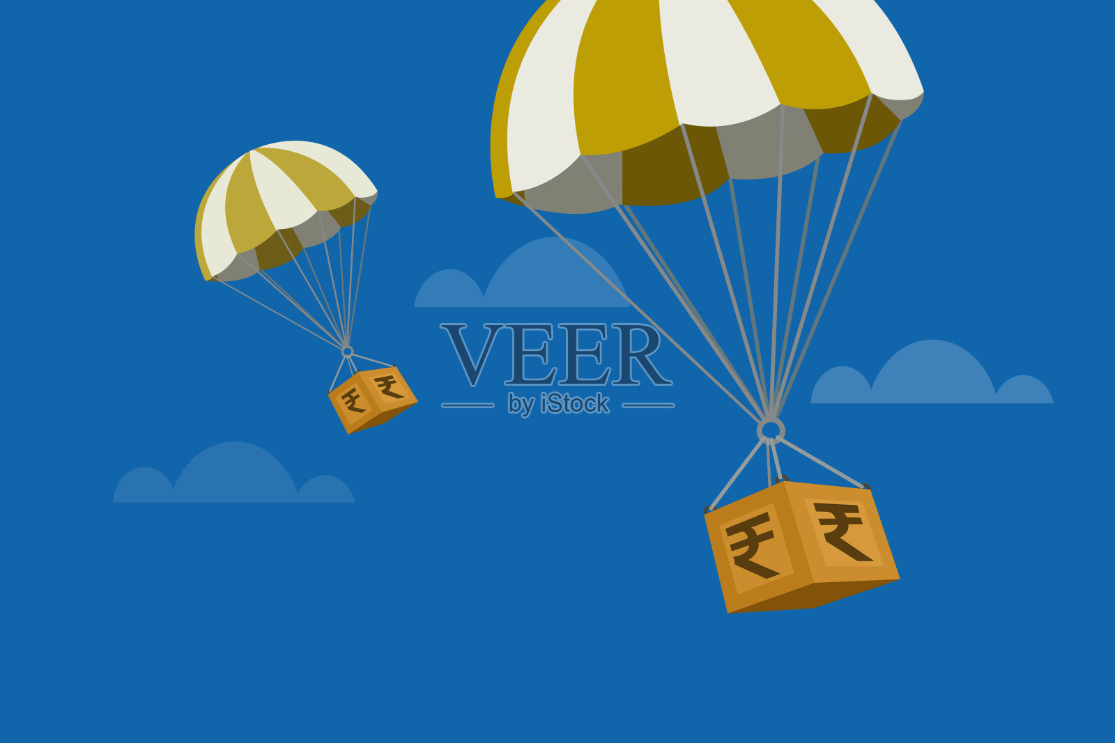 用热气球运送装有印度卢比的箱子。经济中的投资概念。插画图片素材