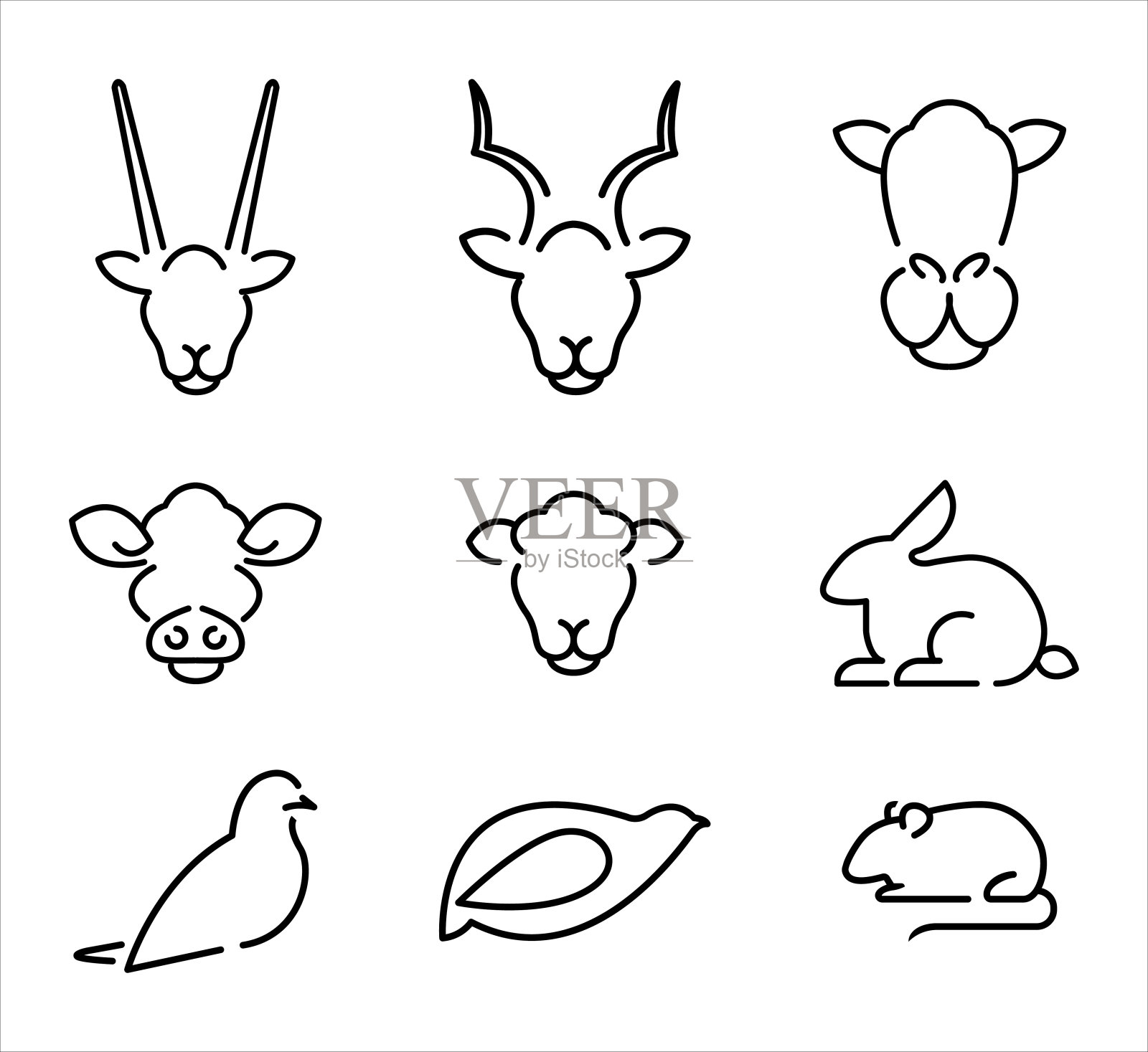 一组农场动物的线条艺术。插画图片素材