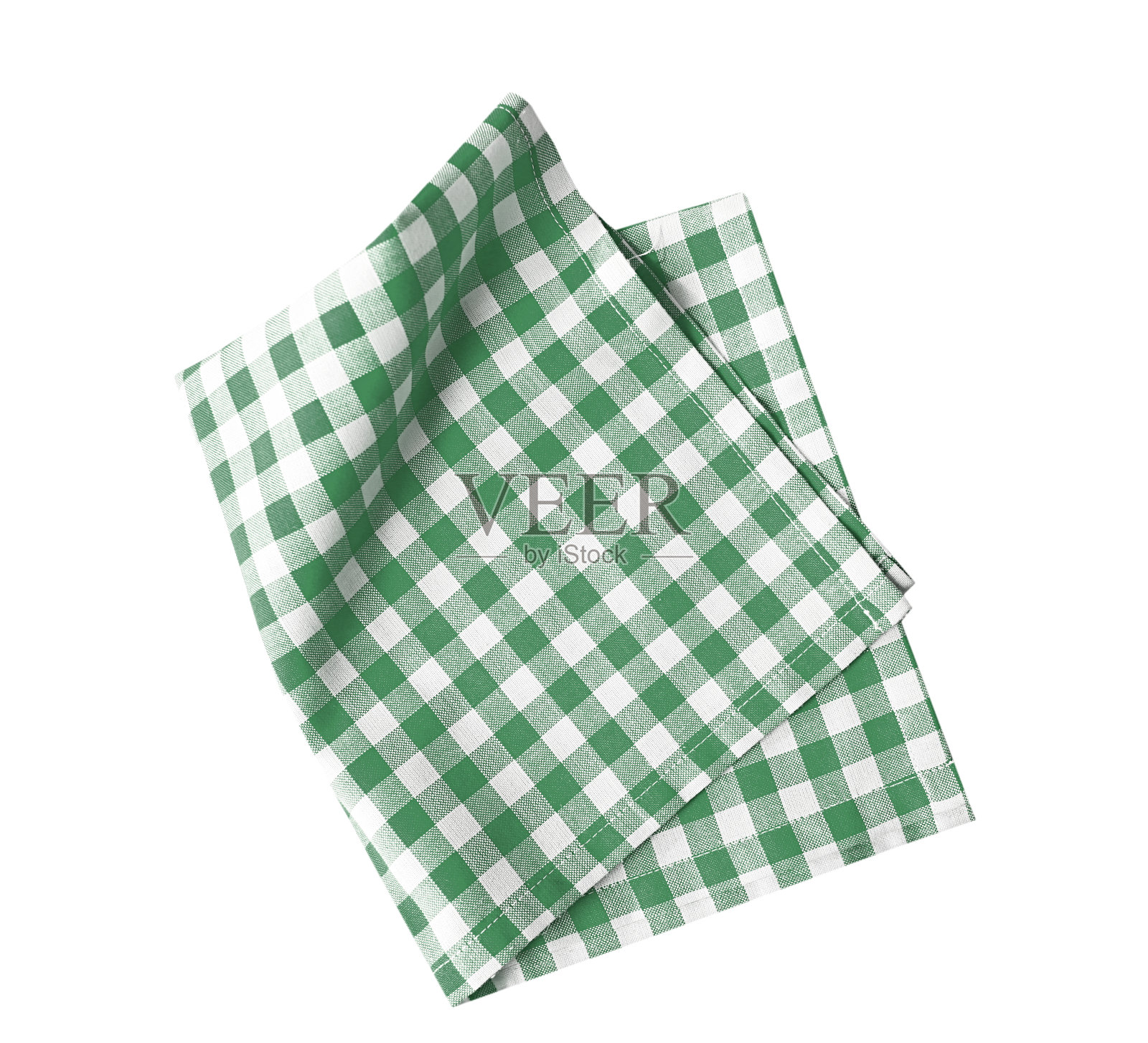 绿色格子折叠布孤立，厨房野餐毛巾俯视图。照片摄影图片