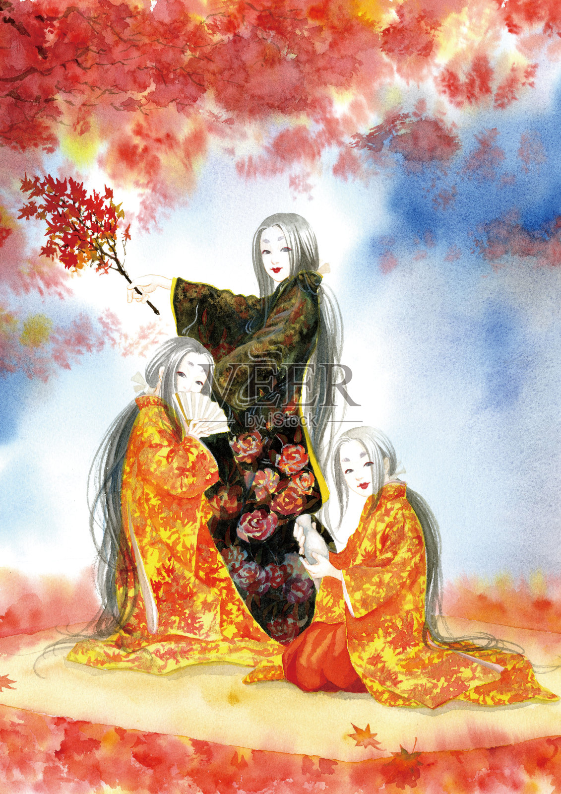 3个邪恶的女人出现在一个日本童话插画图片素材