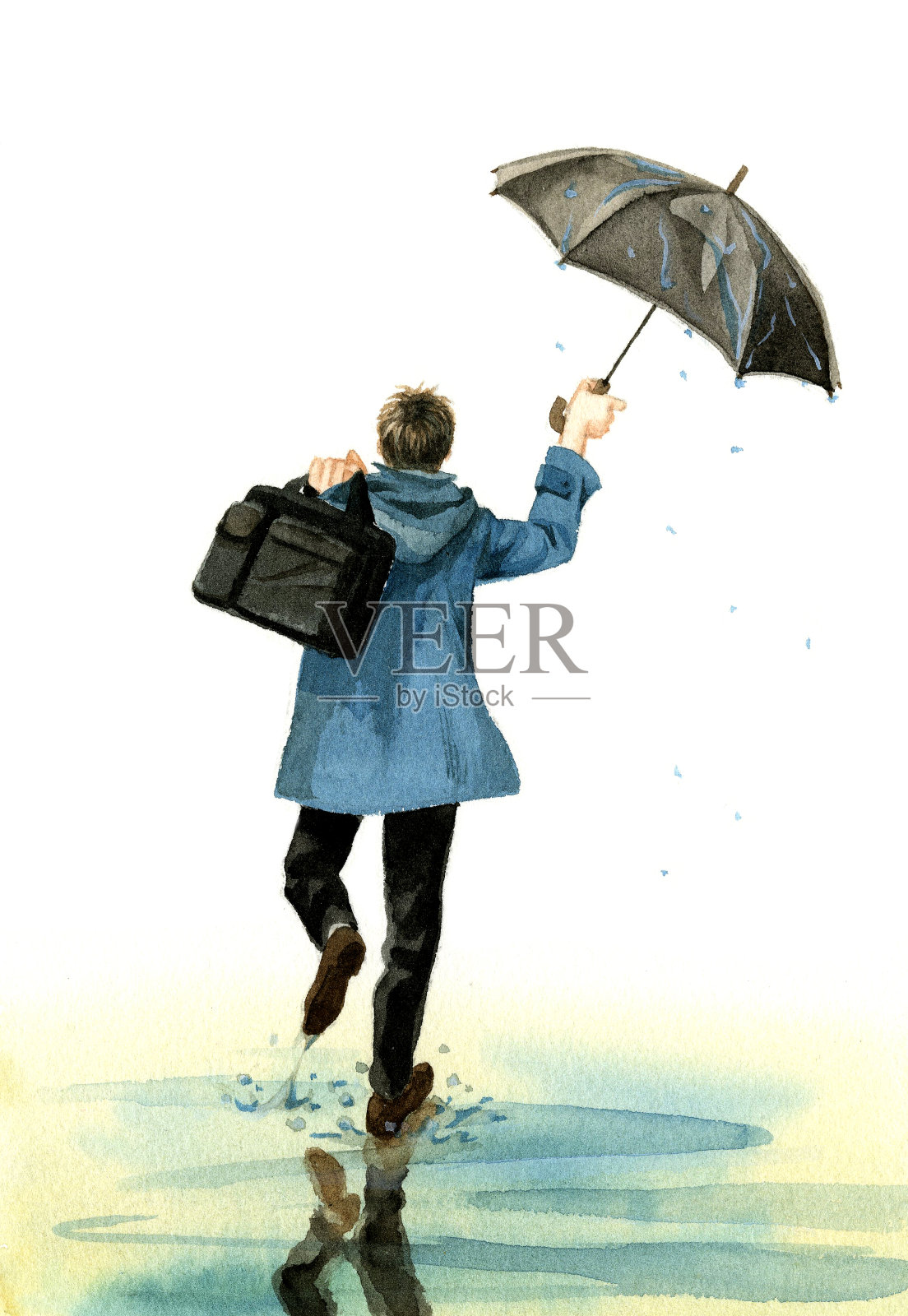 一个男人在雨后蹦蹦跳跳插画图片素材