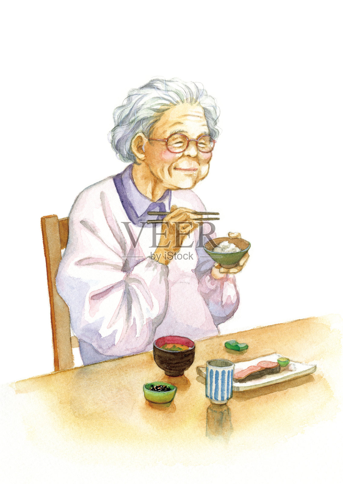 一位正在吃早餐的日本老太太插画图片素材