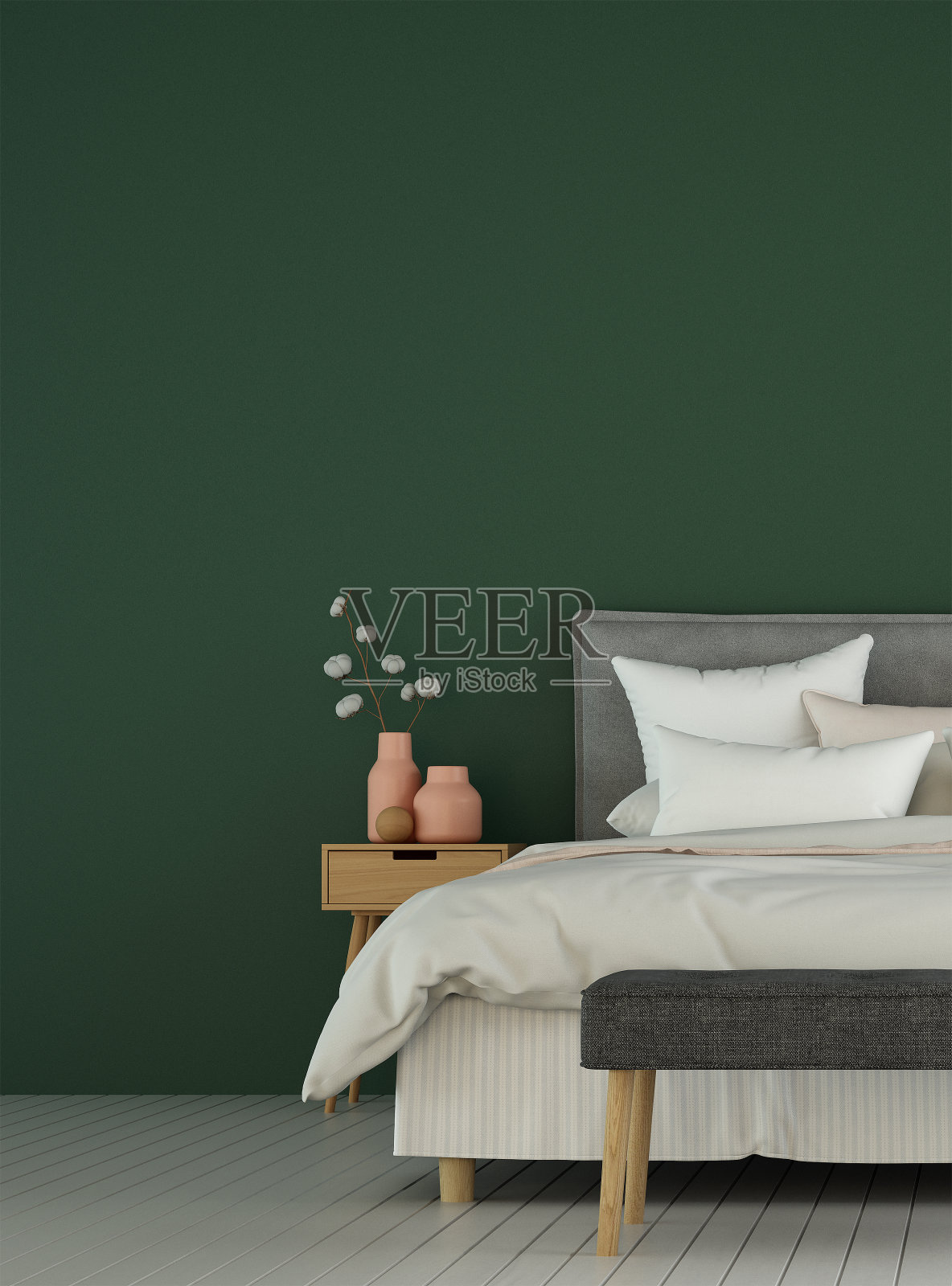 最小的卧室室内设计和绿色的墙壁背景照片摄影图片