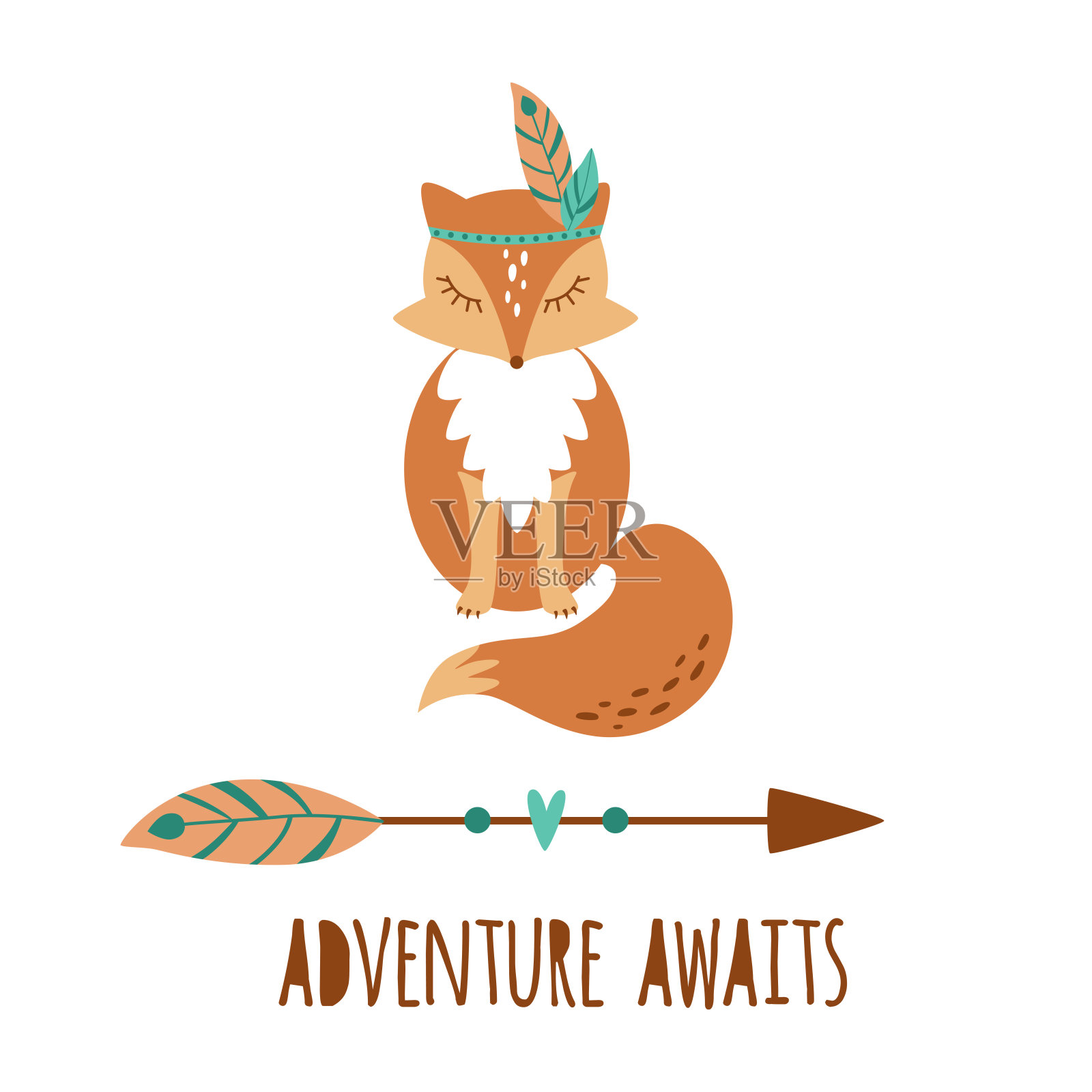可爱的波西米亚狐狸儿童插图。部落动物狐狸标志，纹身。冒险等待着。放荡不羁的箭头。旅游海报。赶时髦的人插画图片素材