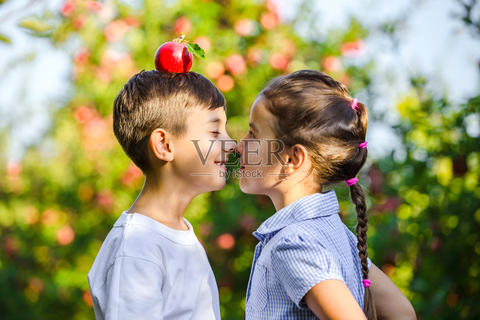 头顶苹果的男孩试图保持平衡，而她美丽的妹妹用鼻子碰他，微笑着。照片摄影图片
