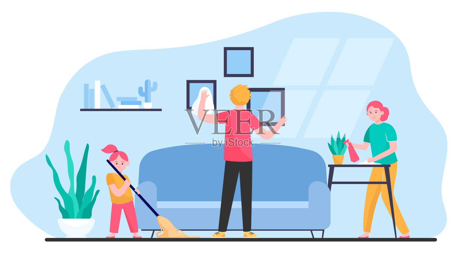 幸福家庭清洁公寓平面矢量插画插画图片素材