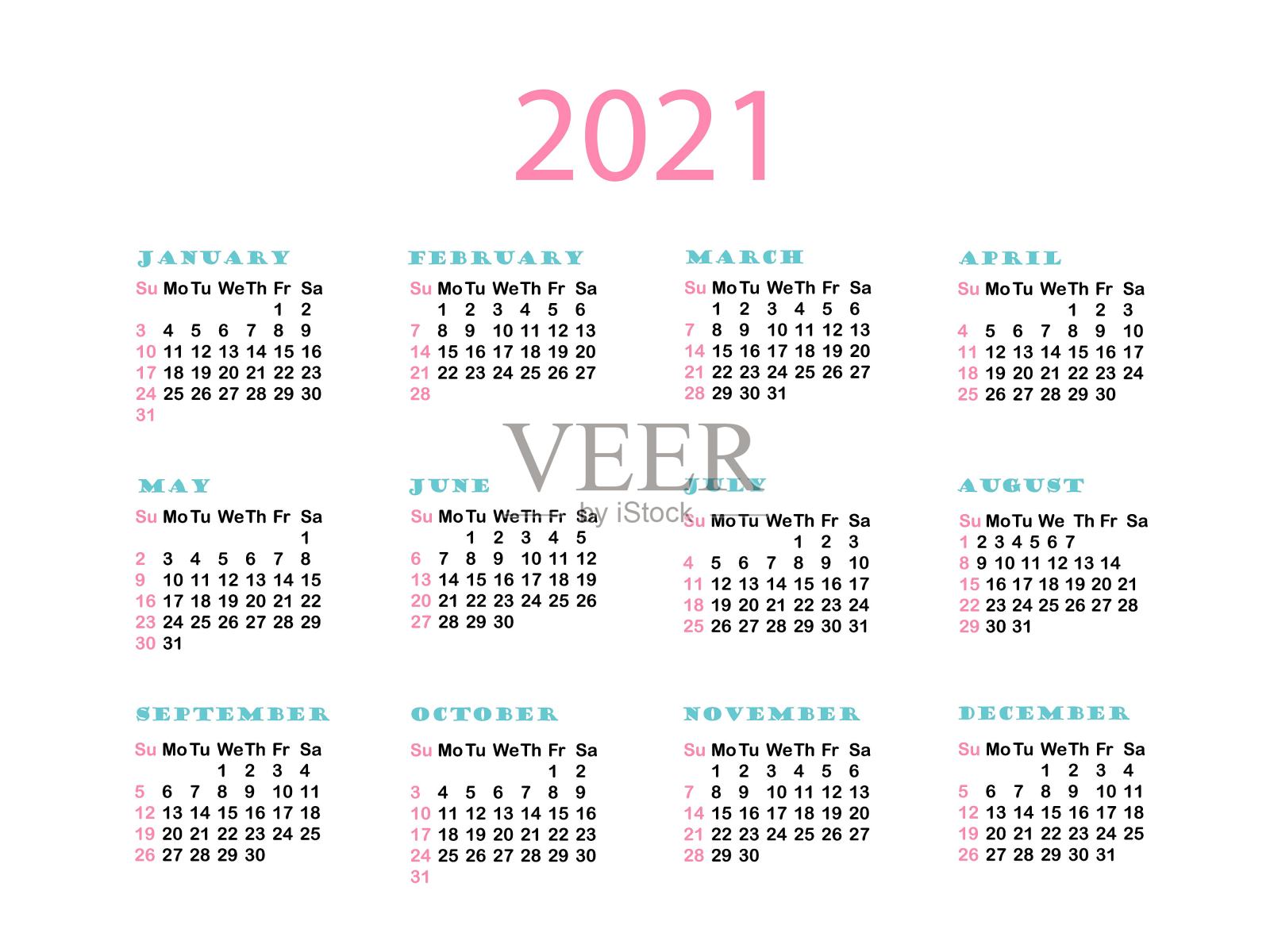 2021年水平日历。周一开始设计元素设计模板素材