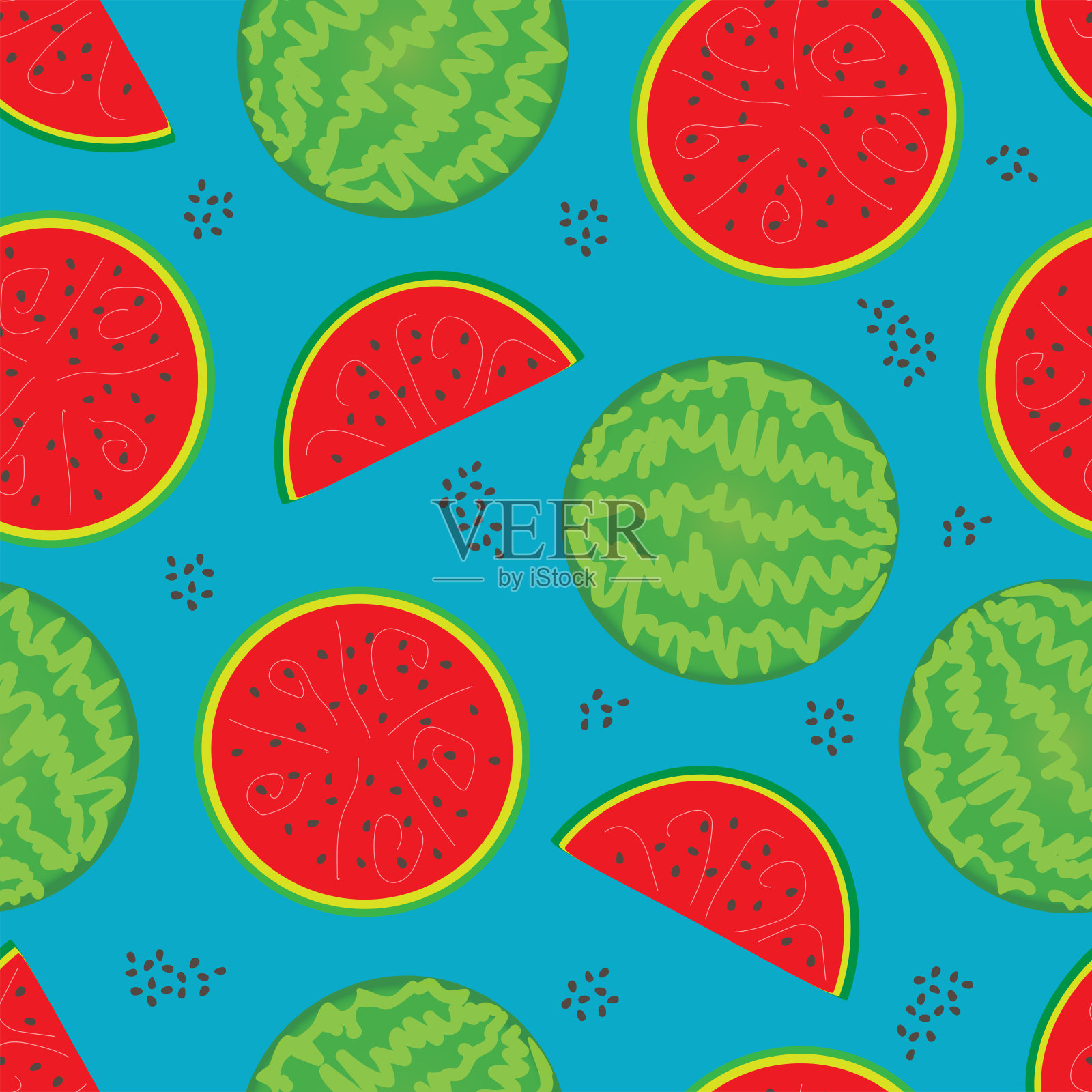 无缝图案包括一个完整的条纹西瓜，半个红色的西瓜和一片在蓝色背景上有谷物的西瓜插画图片素材