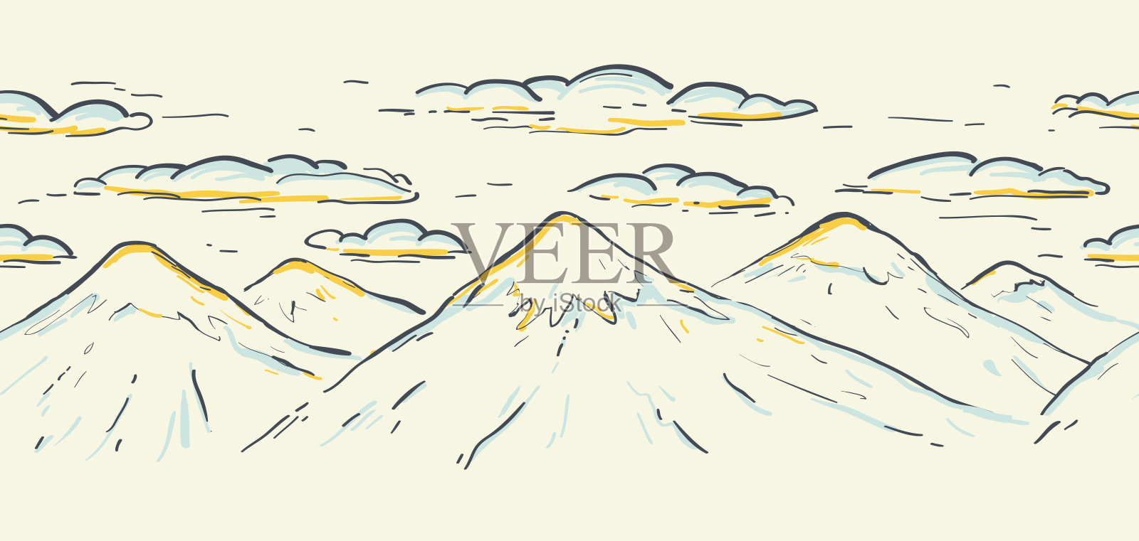 高山山脉与云图形无缝矢量素描边界。景观。手绘颜色矢量背景。插画图片素材