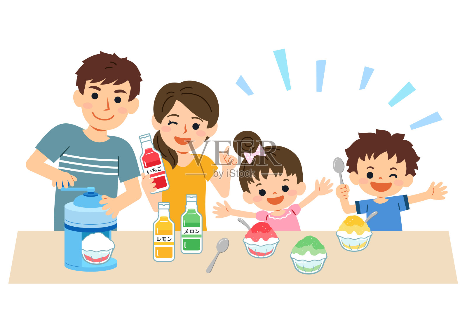有利于家庭的夏天。父母、儿女和全家人微笑着制作刨冰。插画图片素材