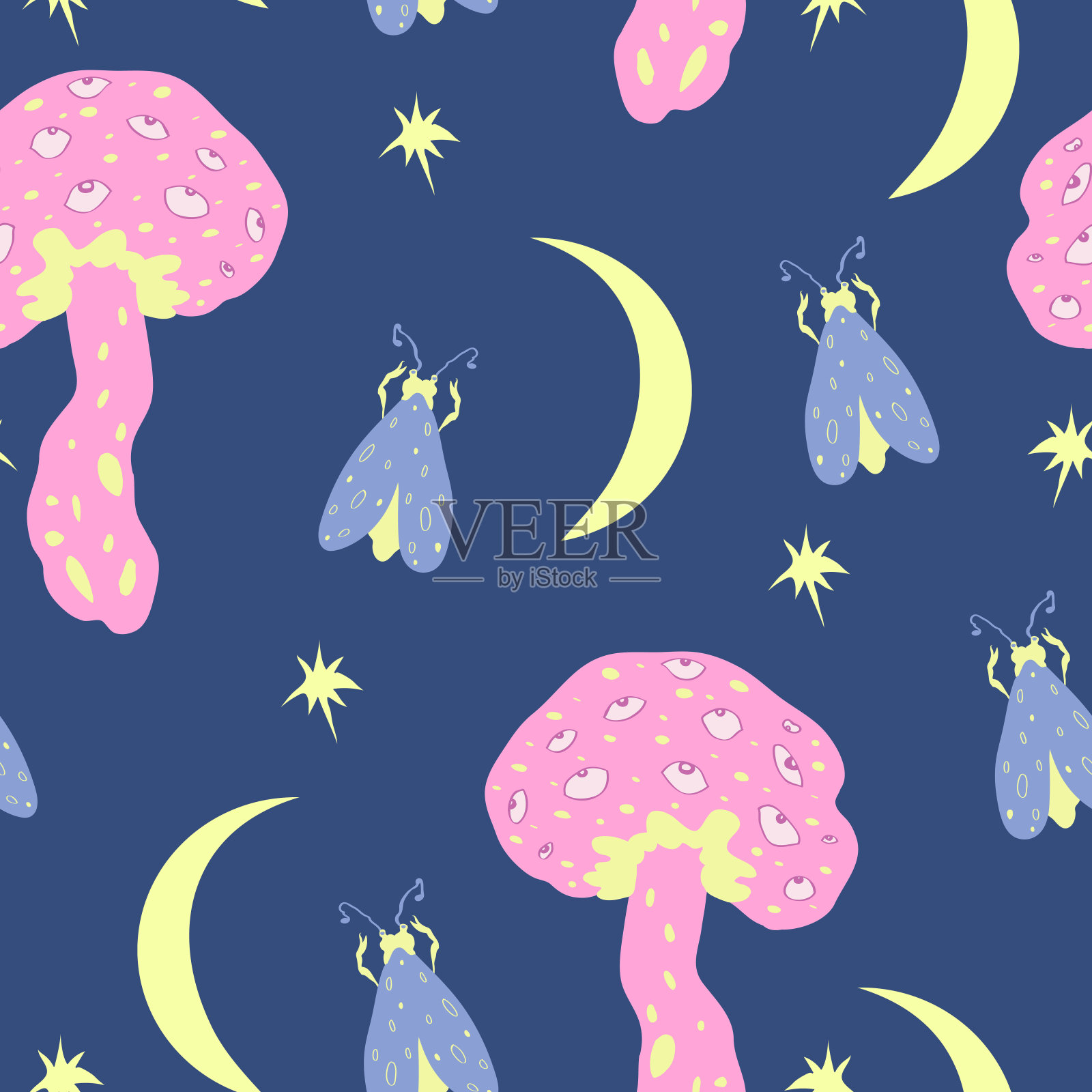 矢量无缝模式蘑菇，飞蛾，月亮和星星在蓝色的背景插画图片素材