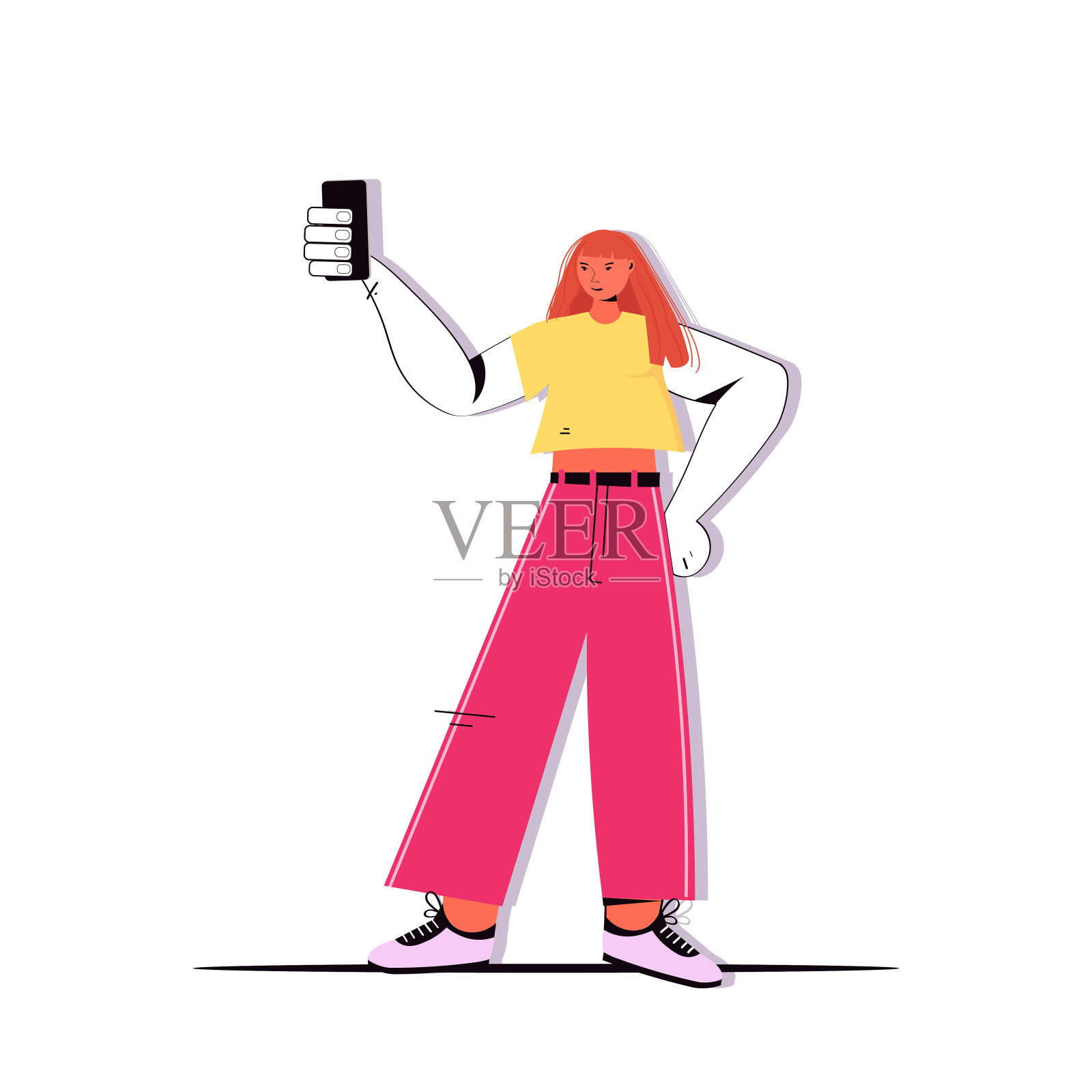 年轻女子穿着休闲装用智能手机自拍插画图片素材