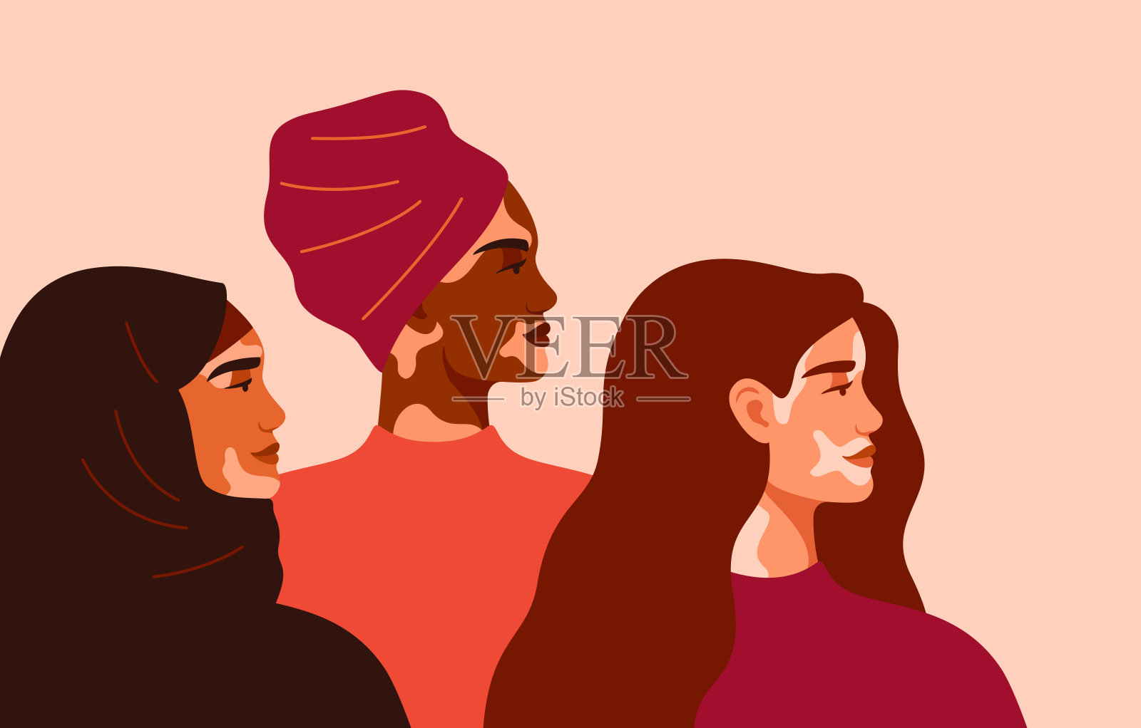 三个不同国籍的白癜风女性站在一起。插画图片素材