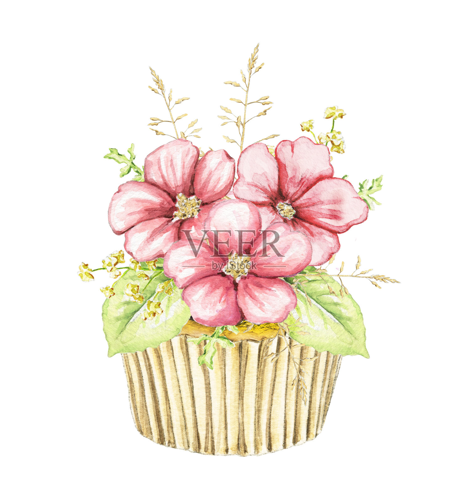 水彩纸杯蛋糕有三朵粉红色的花和叶子插画图片素材